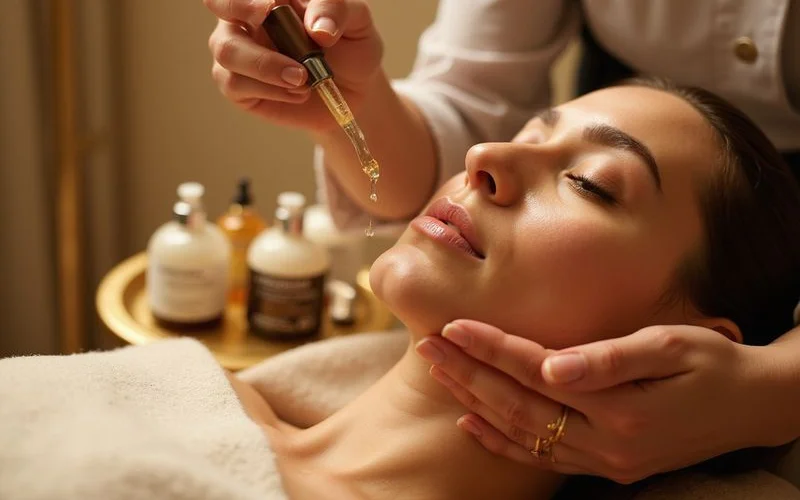 Soin hydratant professionnel du visage avec application de sérum aux principes actifs naturels Physiodermie en institut