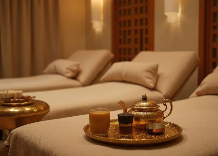 Espace détente avec chaises longues et tisanes