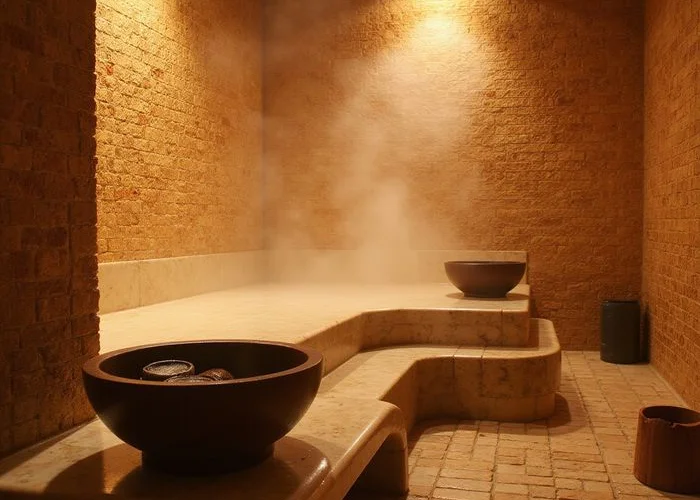 Hammam en mosaïque avec éclairage doré du spa privatif