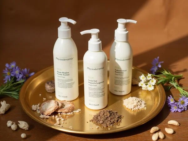 Produits de beauté naturels Physiodermie et Baïja sur plateau doré